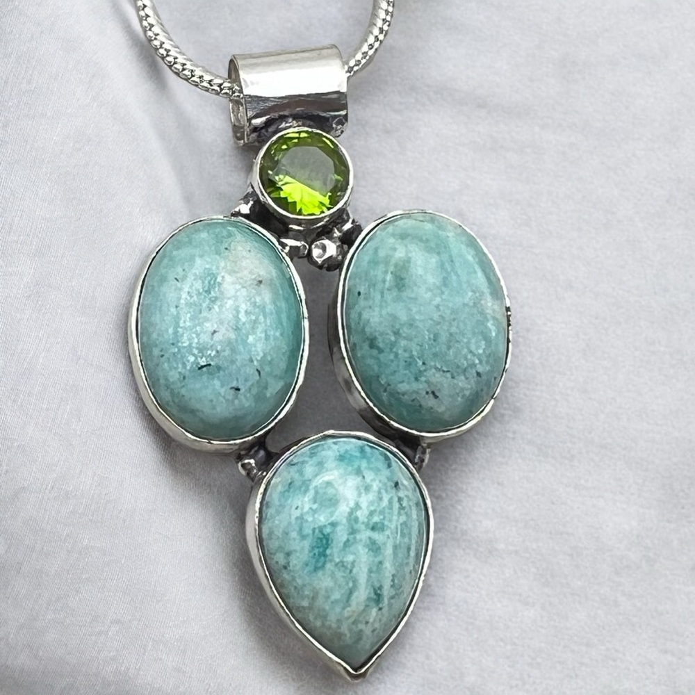 New Amazonite Multi Stone Silver Overlay Pendant … - image 1